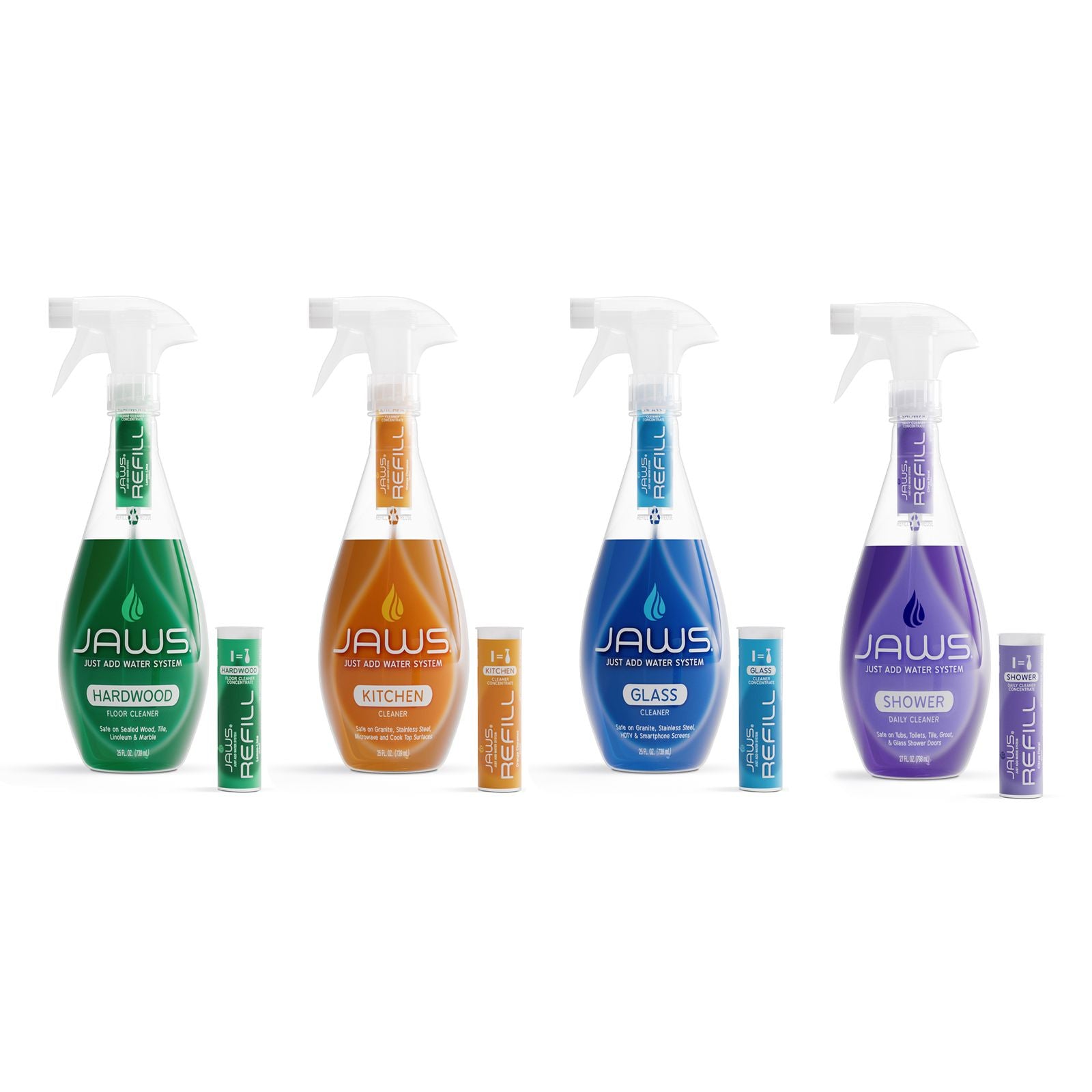 Set of JAWS cleaning spray bottles with refill pods in various colors on a white background; green, orange, blue, purple (Hardwood, Kitchen, Glass, Shower)