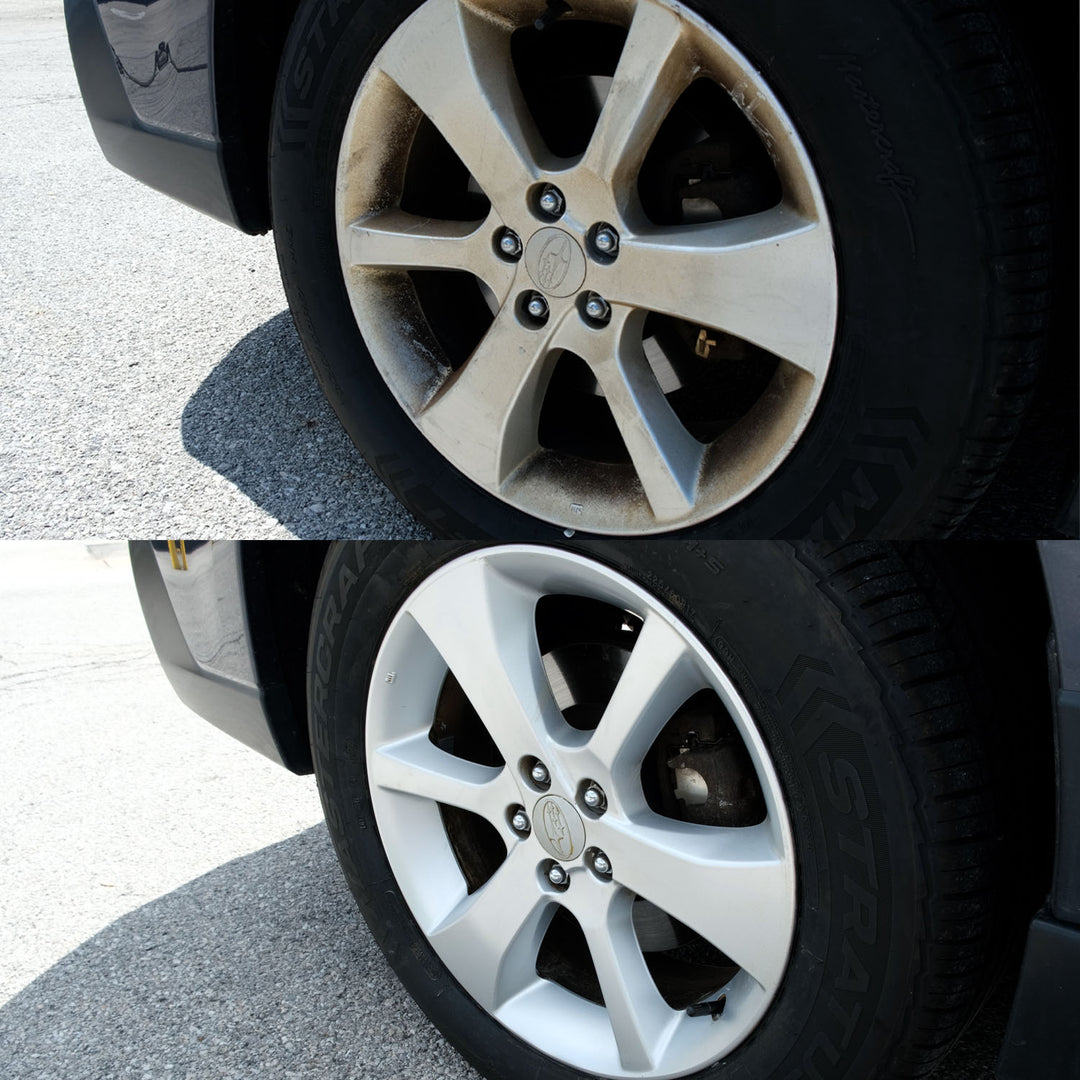 Close-up of before and after cleaning of car wheels.