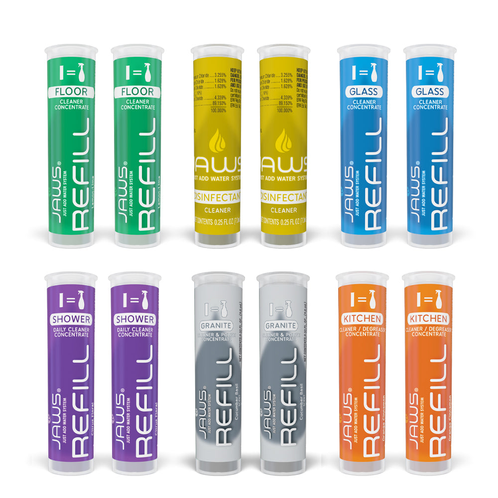 Twelve Jaws Refill pods, arranged in two rows of six on a white background. There are two of each color (green, yellow, blue, purple, gray, orange) with the name of the product (floor, disinfectant, glass, shower, granite, kitchen)
